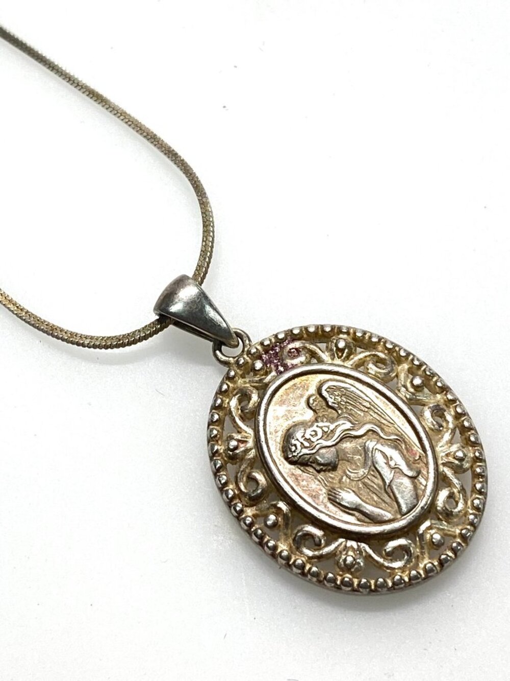 m828 Vintage Silver Plated Guardian Angel figure Pendant 18" Sterling Silver Cha